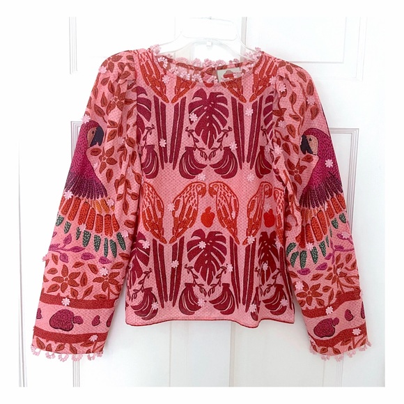 FARM Rio Tops - Farm Rio Ainika Macaws Parrot Toucan Bird Floral Top Blouse Red Pink Palm Leaf S